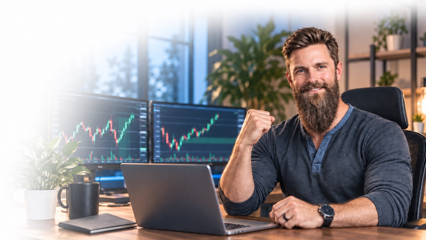 Color image of a bearded trader at his home office desk, fading into white