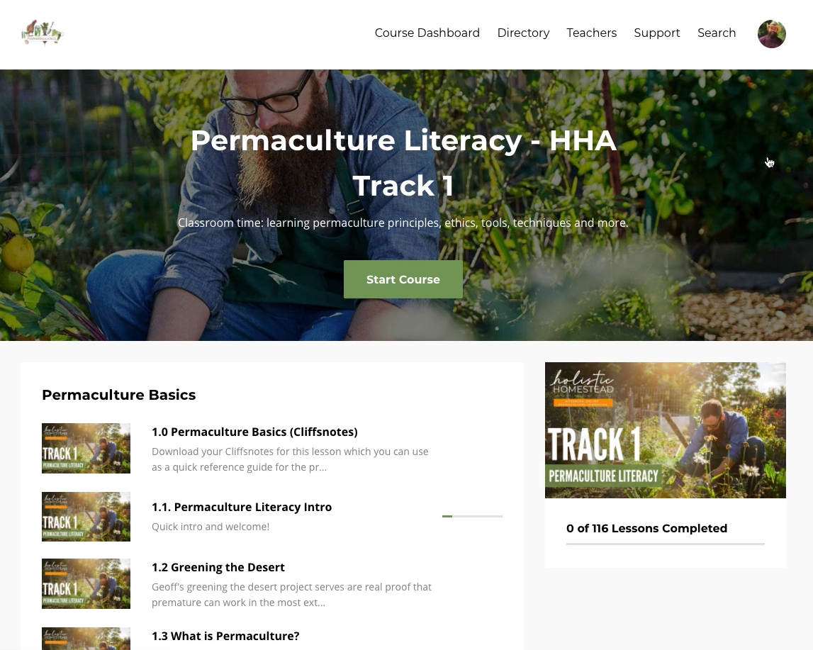 PermaResilience student course dashboard showing an organized curriculum and lesson progression