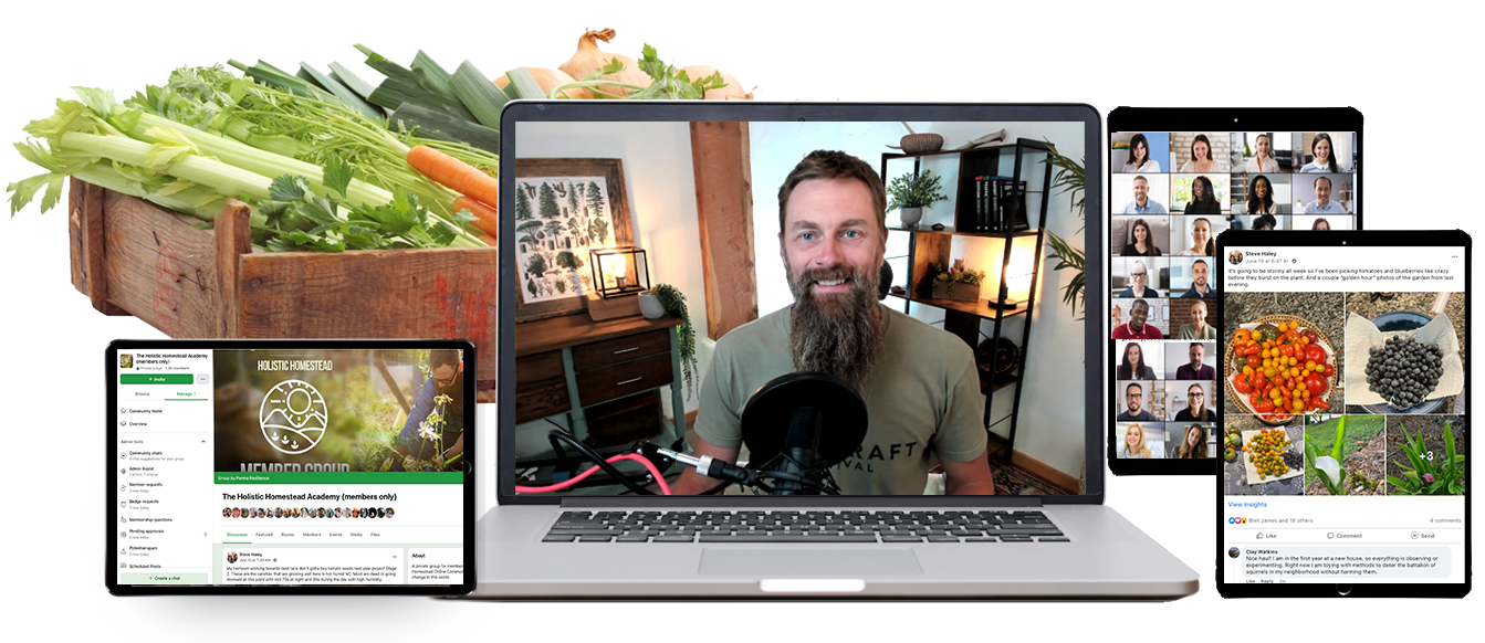The Holistic Homestead Academy course, community and student experience shown across several devices