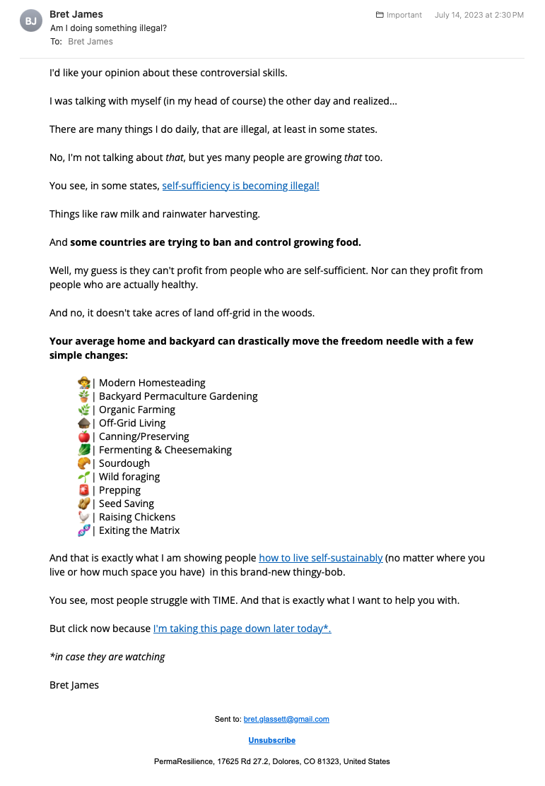 Email from Bret James titled Am I doing something illegal?
