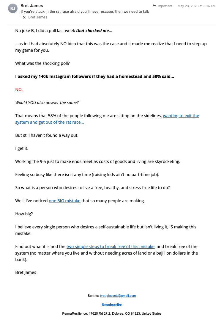 Email from Bret James about escaping the rat race