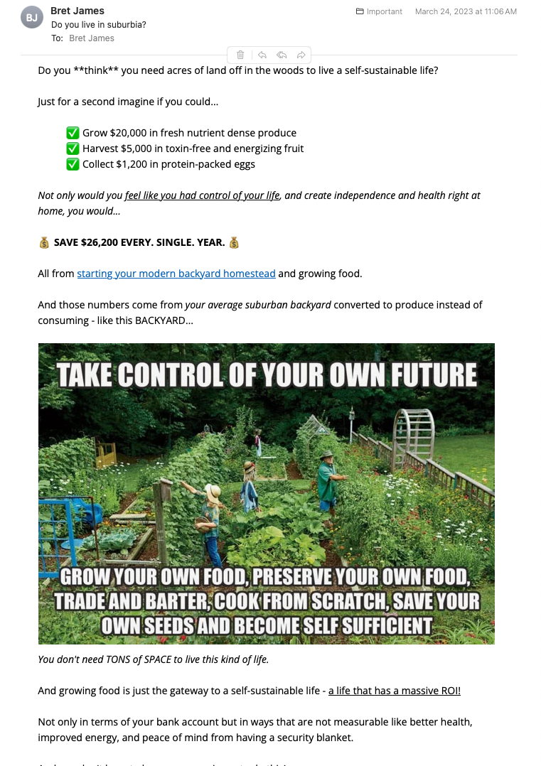 Email from Bret James titled Do you live in suburbia?