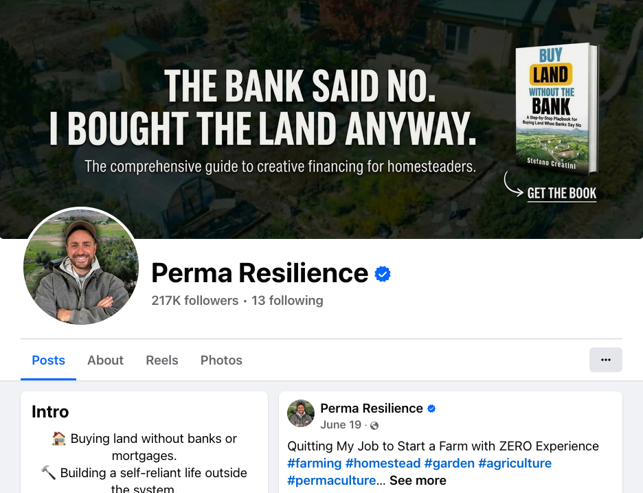 PermaResilience Facebook profile and organic content