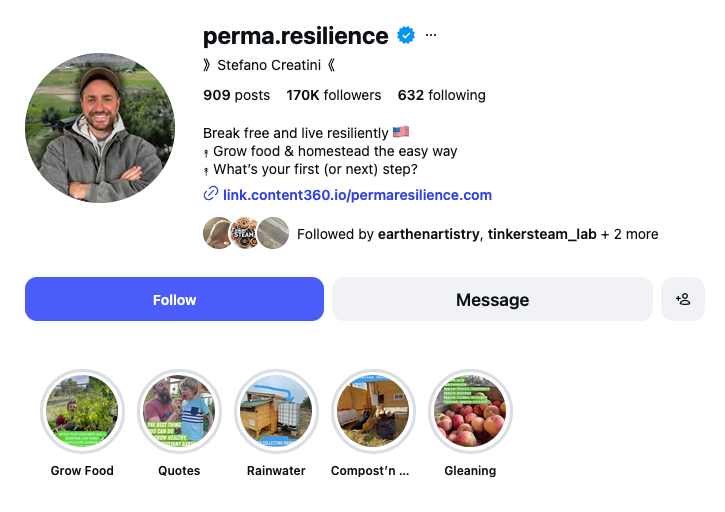 PermaResilience Instagram profile and organic content highlights