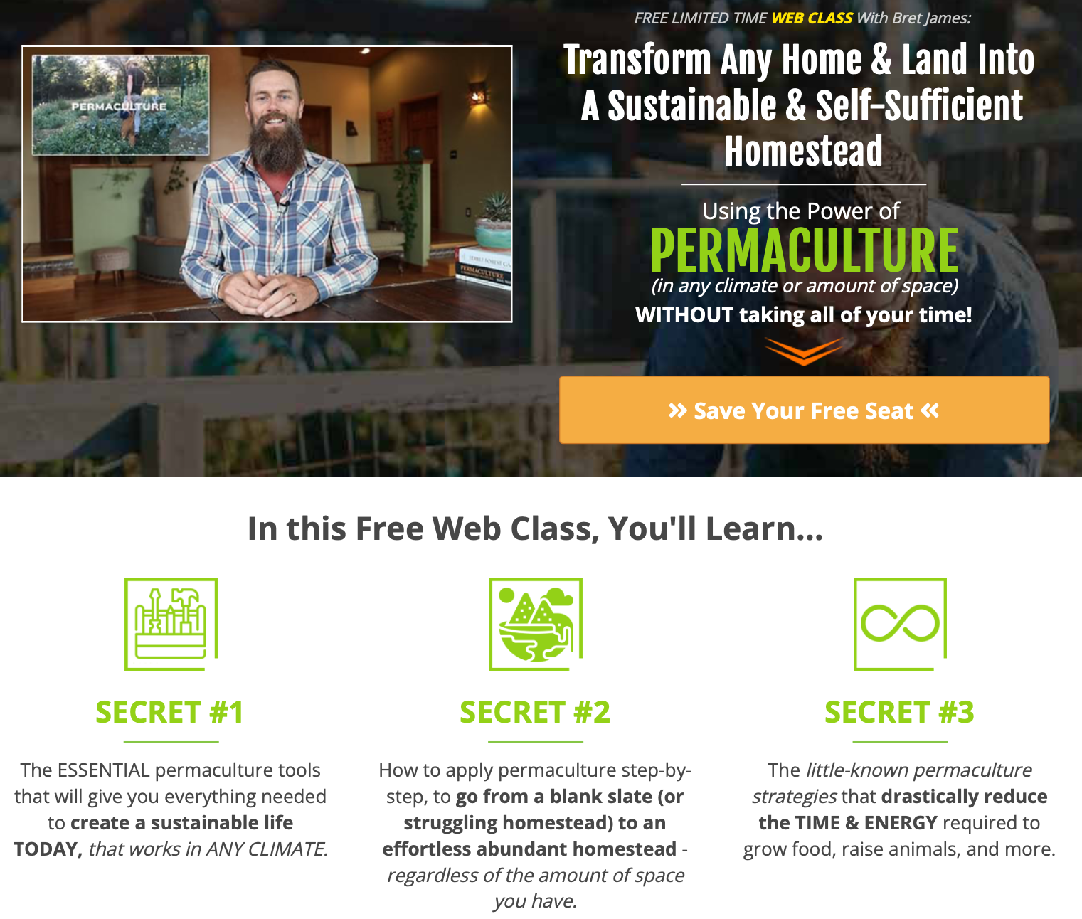 Webinar registration page for the self-sufficient homestead web class