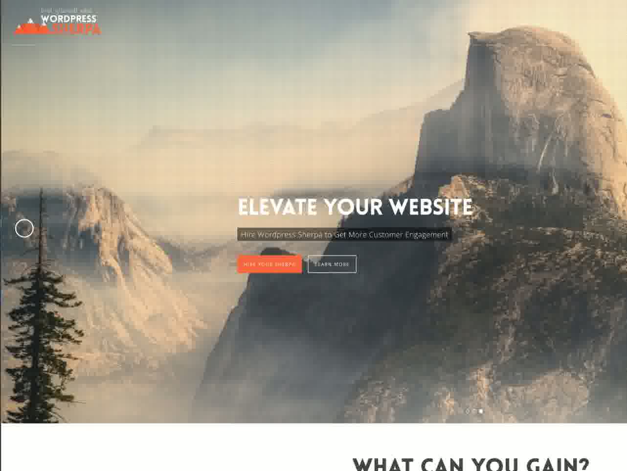 A web development company homepage over a mountain landscape